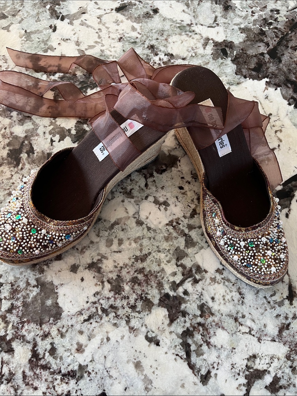 No Boundaries Brown Beaded Espadrille Flats with Ribbon Ankle Ties - Picture 2 of 4